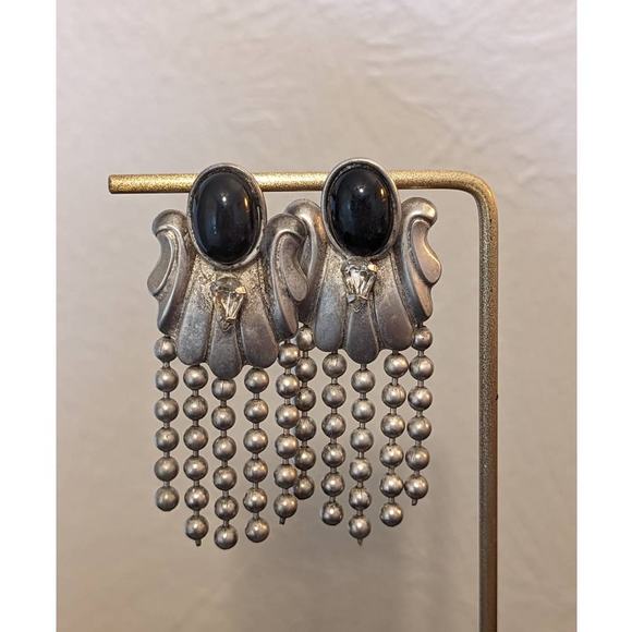 Unknown Jewelry - Vintage 80s Beaded Drop Silver Tone Black Bead Rhinestone Glam Post Earrings
